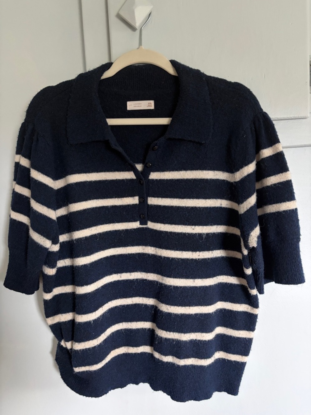 LC Lauren Conrad Navy and Cream Striped Knit Polo